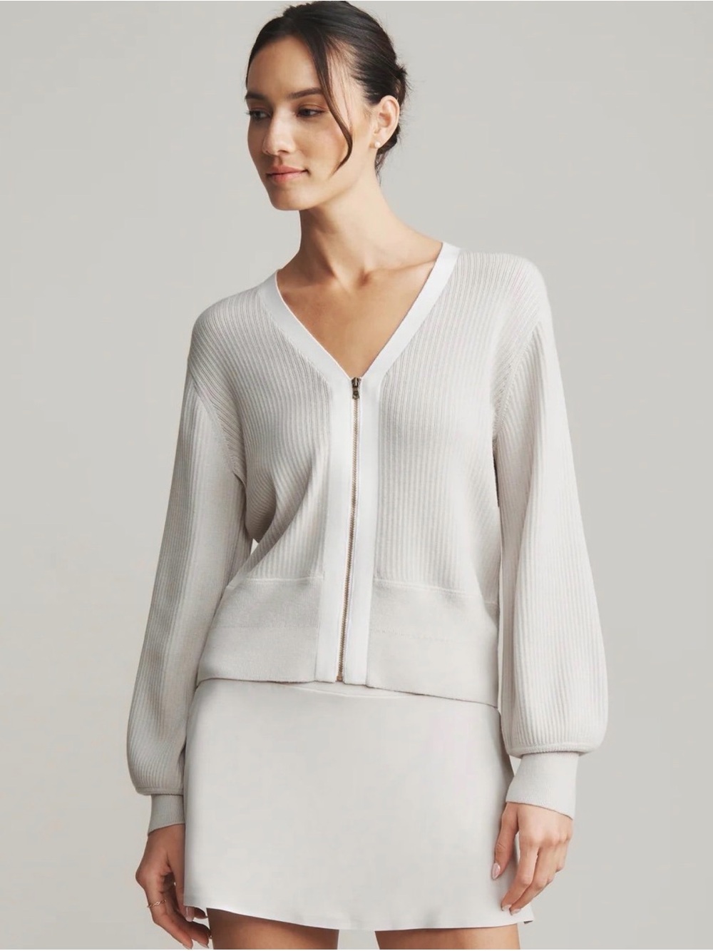 RHONE Pars Cream V-Neck Zip Ribbed Cardigan